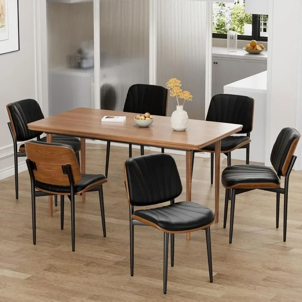 6Set of  Chairs,, Mid-Century Modern Upholstered PU Leather Chairs with Walnut Back and Metal Legs Adjustable  restaurant chair