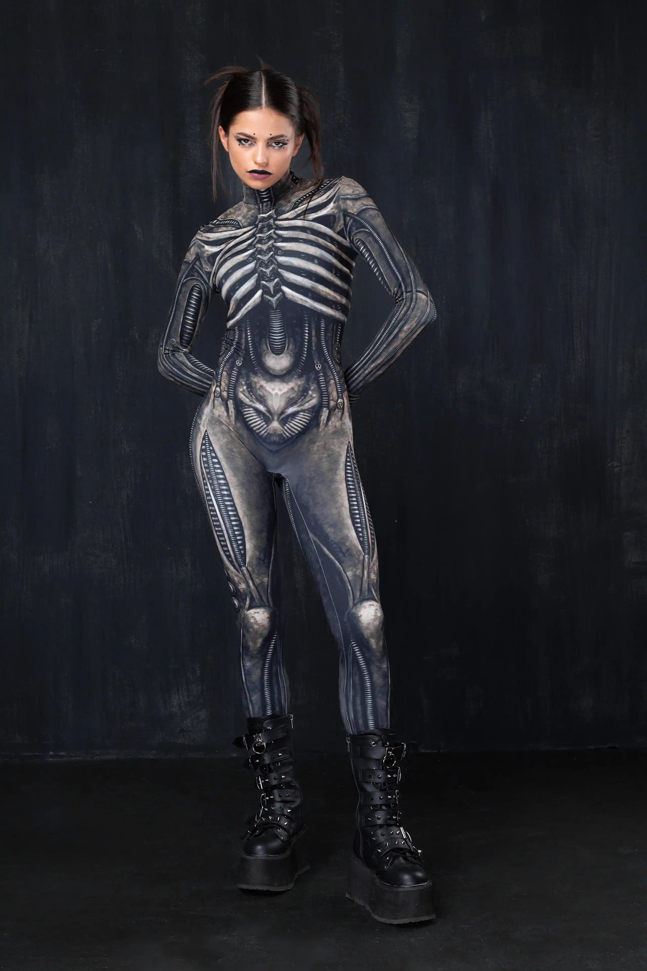 Mechanical CyberPunk Catsuit Women Men Zipper Jumpsuit Zentai 3D Bodysuit Halloween Skeleton Cosplay Costume Elastic Rompers