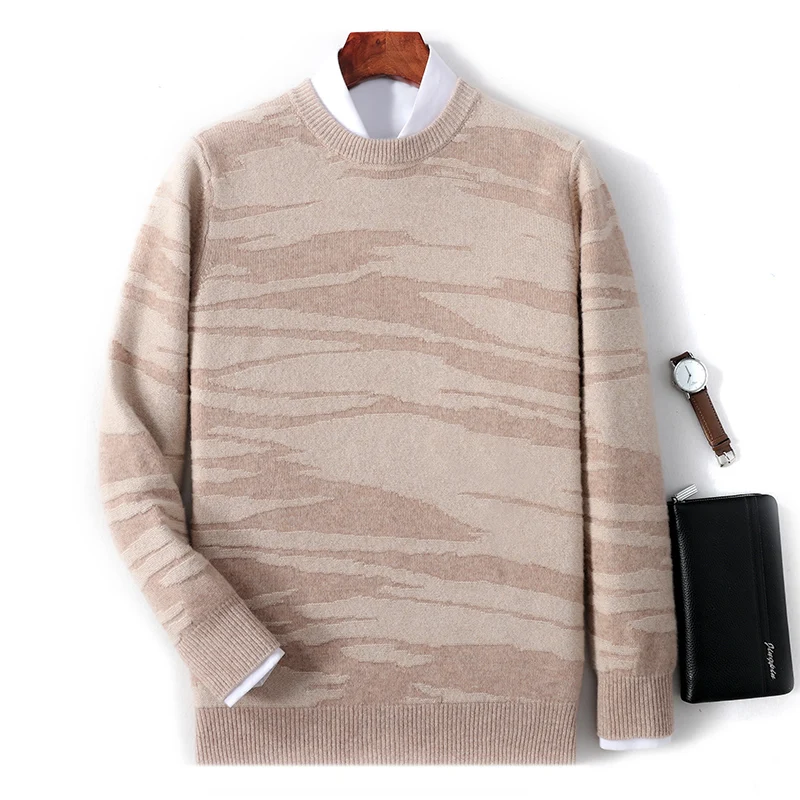 Double Thick 100% Pure Wool Men's Round Neck Long Sleeve Pullover Gradient Contrast Casual Knitted Sweater