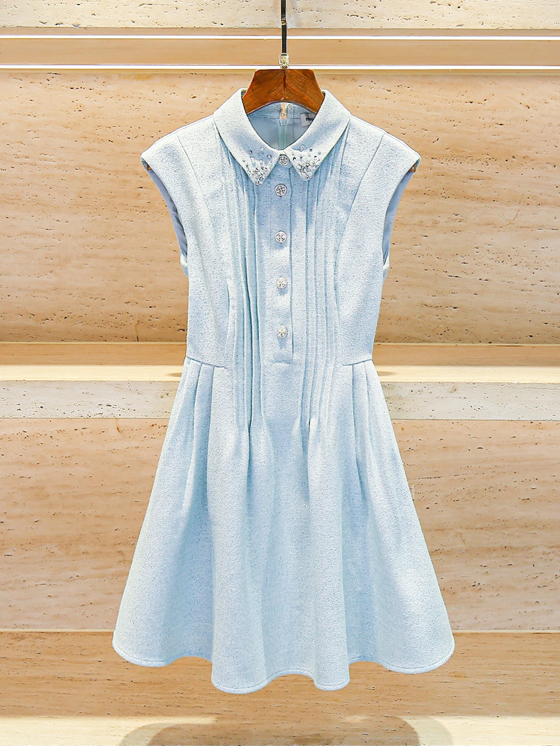 

Ele Summer Dr for Women with Folded Collar And Crystal Embelliment Svel High Waist A-Line ort Skirt