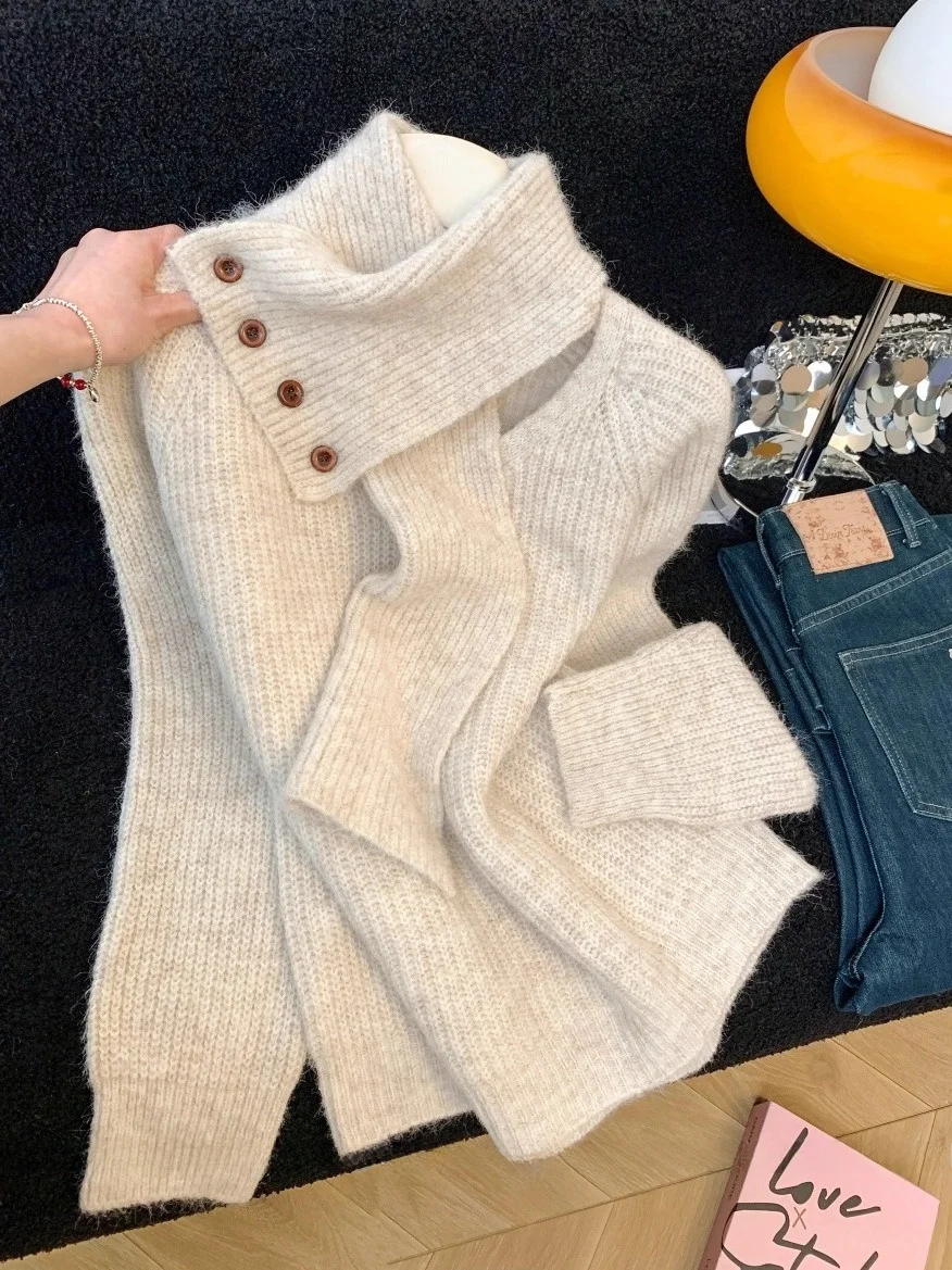 

Autumn Winter High Ne Button Knitted Sweater Women Lazy Sle Soft Cozy High End Feeling irt Fem High Collar Knitwear
