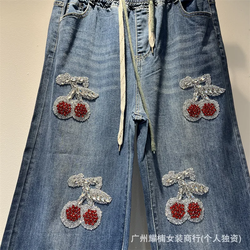 Large Size New Autumn All-match Elastic Waist Casual Denim Trousers Drawstring Elastic Waist Cherry Diamonds Wide Leg Jeans