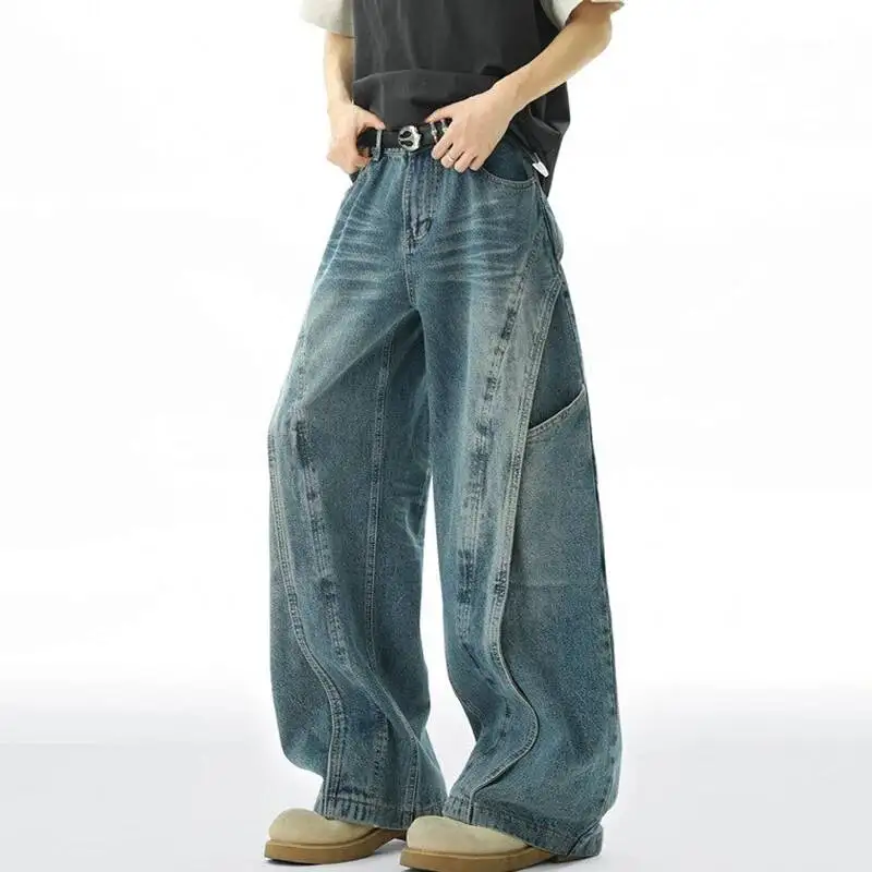 American High Street Deconstructed Washed Vintage Jeans Men Patchwork Y2k Men's Clothing Wide Leg Denim Pants New DCS45