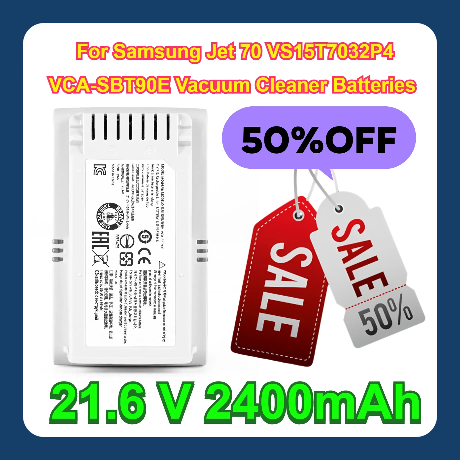 

21.6 V 2400mAh For Samsung Jet 70 VS15T7032P4 VCA-SBT90E Vacuum Cleaner Batteries