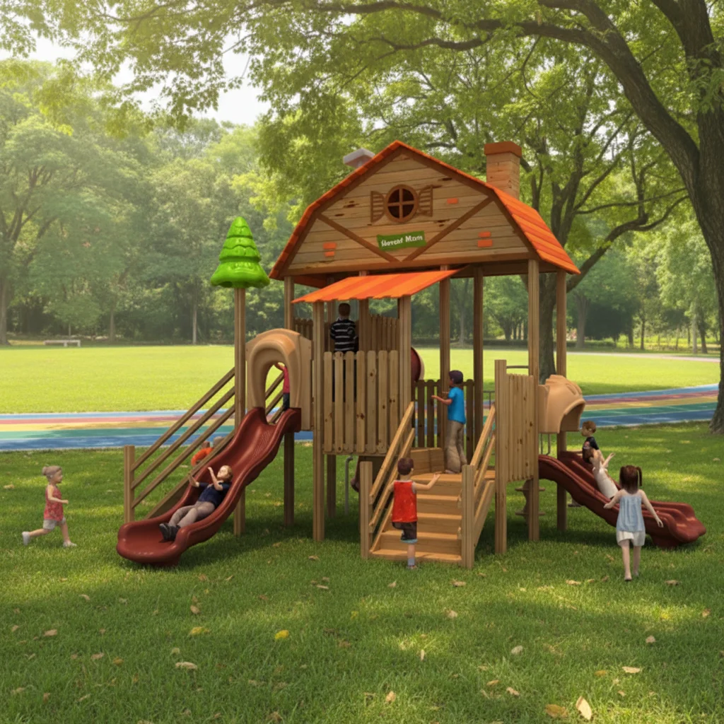 High-quality Children's Outdoor Wooden Game House Multi-purpose Playground Combination Slide Wooden Amusement Park