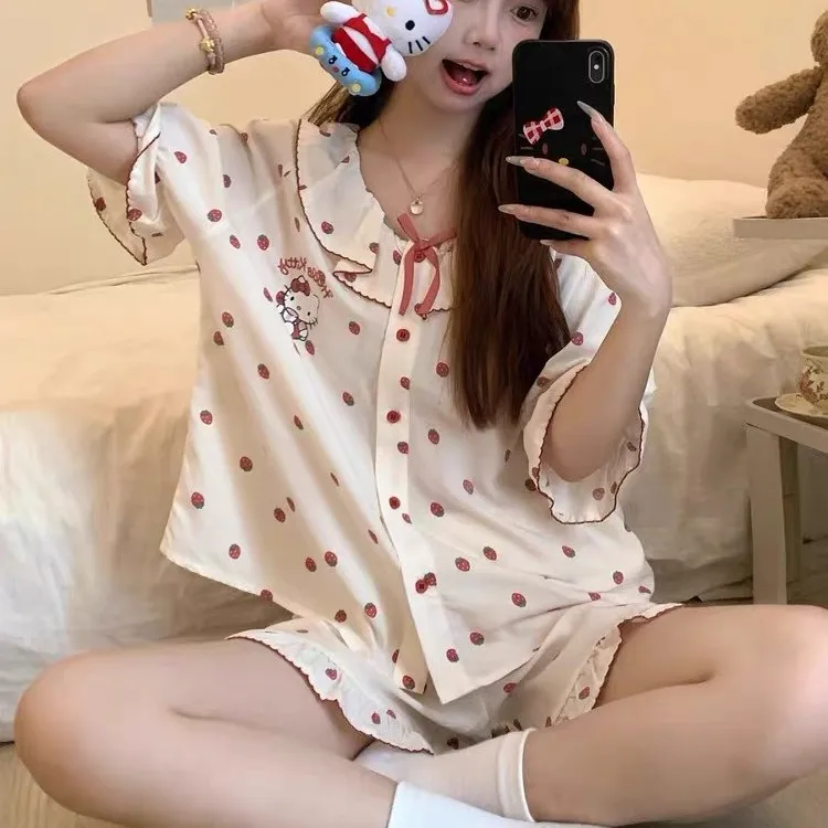 New Hello Kitty Summer Pajamas Set Women Girl Sleepwear Cartoon Anime Summer New Cute Lightweight Comfort Breath Short Sleeve view 6