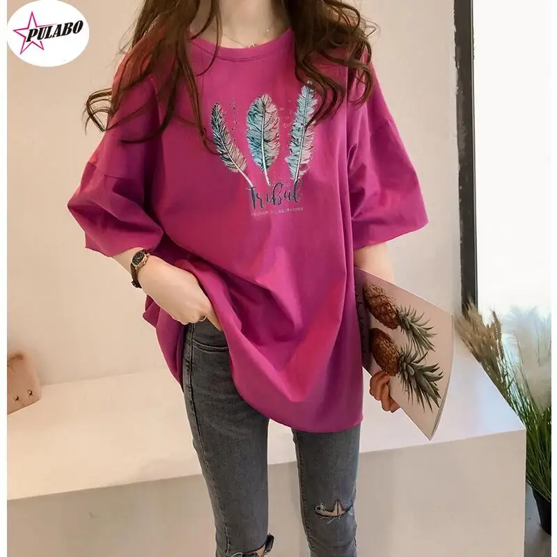 PULABO Mid-length Short-sleeved T-shirt Women's Summer y2k Large Size Women's Loose And Thin Western-style Belly Cover Top y2k