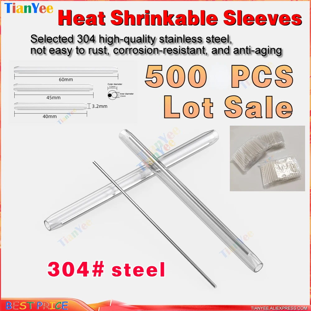 500 pcs/lot sell 60mm 45mm 40mm 304 steel Splice Sleeves for Bare Fiber Drop Cable Fiber Fusion Protection Heat Shrinkable tube