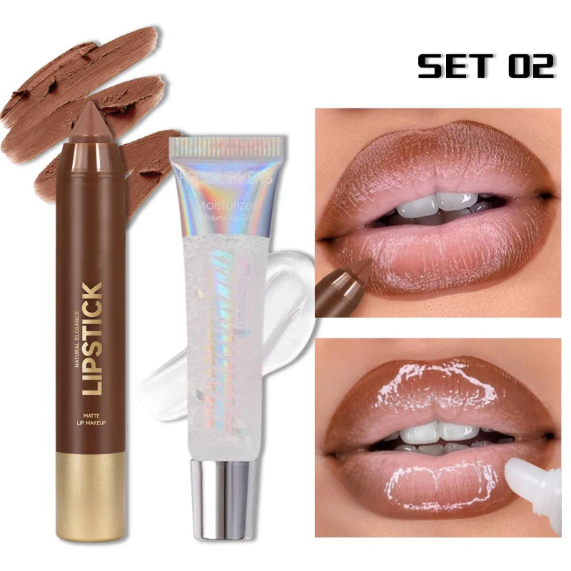 2pcs Lipstick Lip liner Pen Soft Matte Nude Moist Waterproof With Mirror Lip Gloss High Pigment Long Lasting Lip Makeup Set