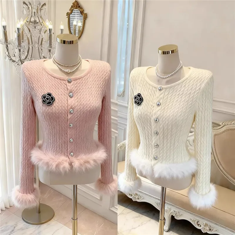 

Elegant Celebrity Girl White Pink Knitted Short Cardigan New 2026 Spring Women O Neck Fur Patchwork Sweater French Knitwear Top
