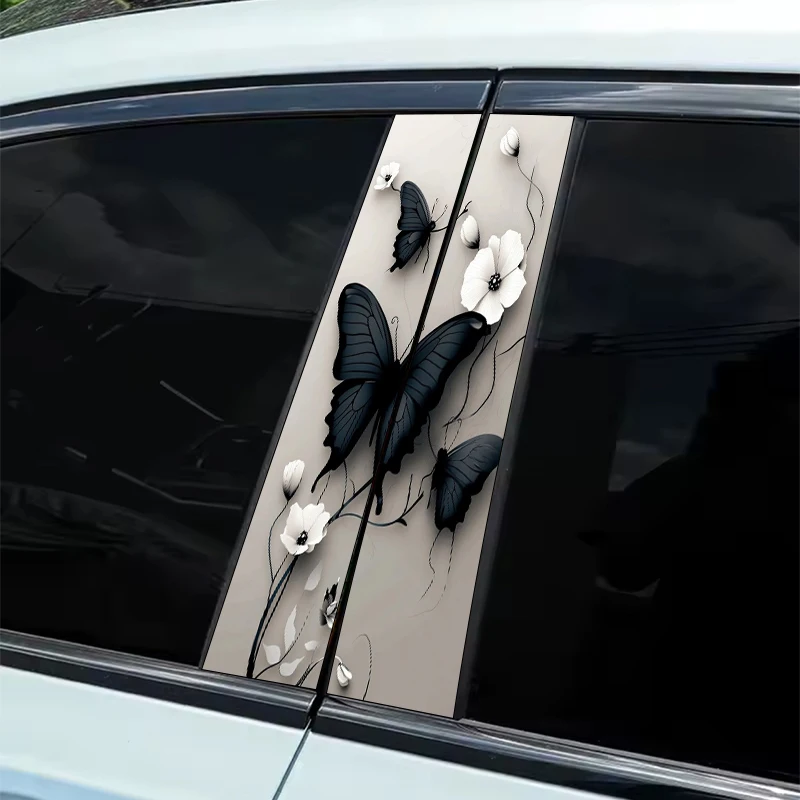 

2 шт., автомобильные наклейки на стойку B. Бабочки, цветы, черная защитная пленка, подходит для всех моделей автомобилей.