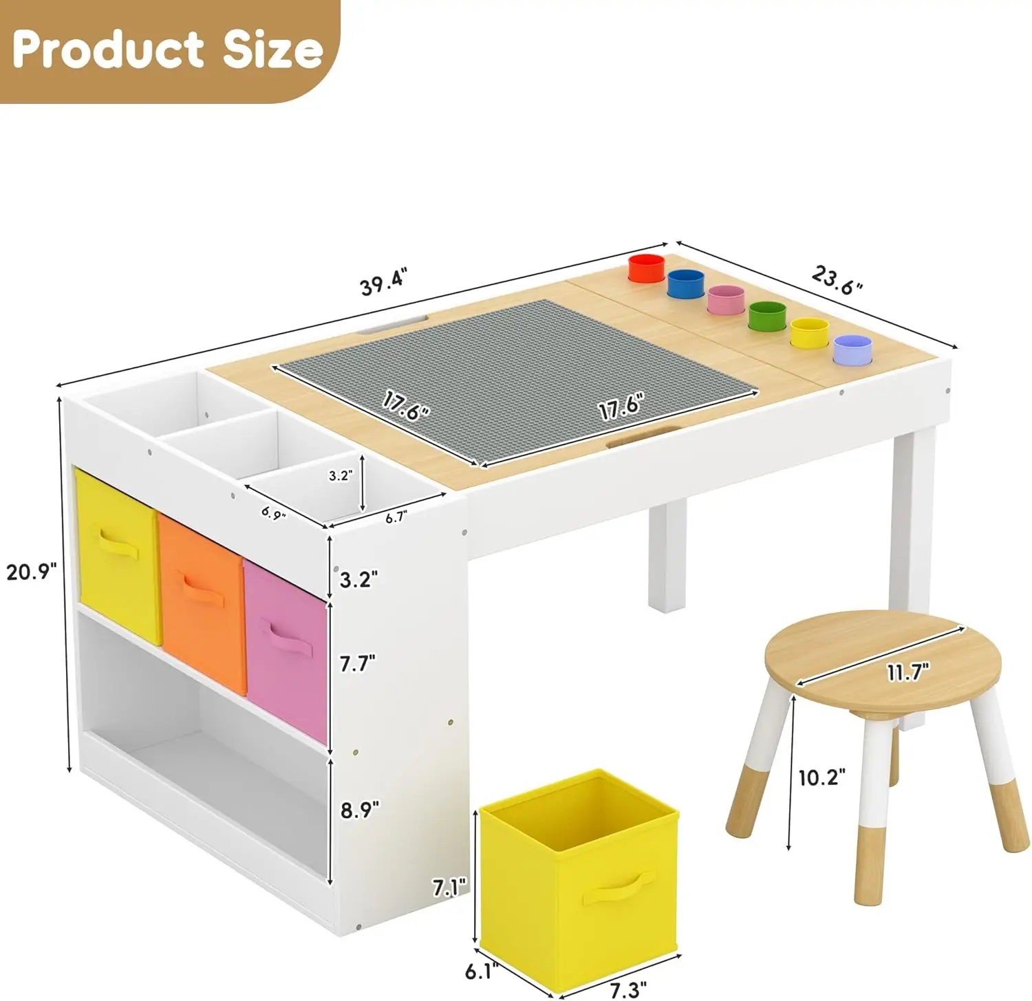 Kids Art Table and Chairs Set with Storage, Wooden Craft Desk with 2 Stools, Child Drawing Table with Open Shelves, Paint Cups, Paper Roll, Bins, Toddler Play Table, 39' L X23 W