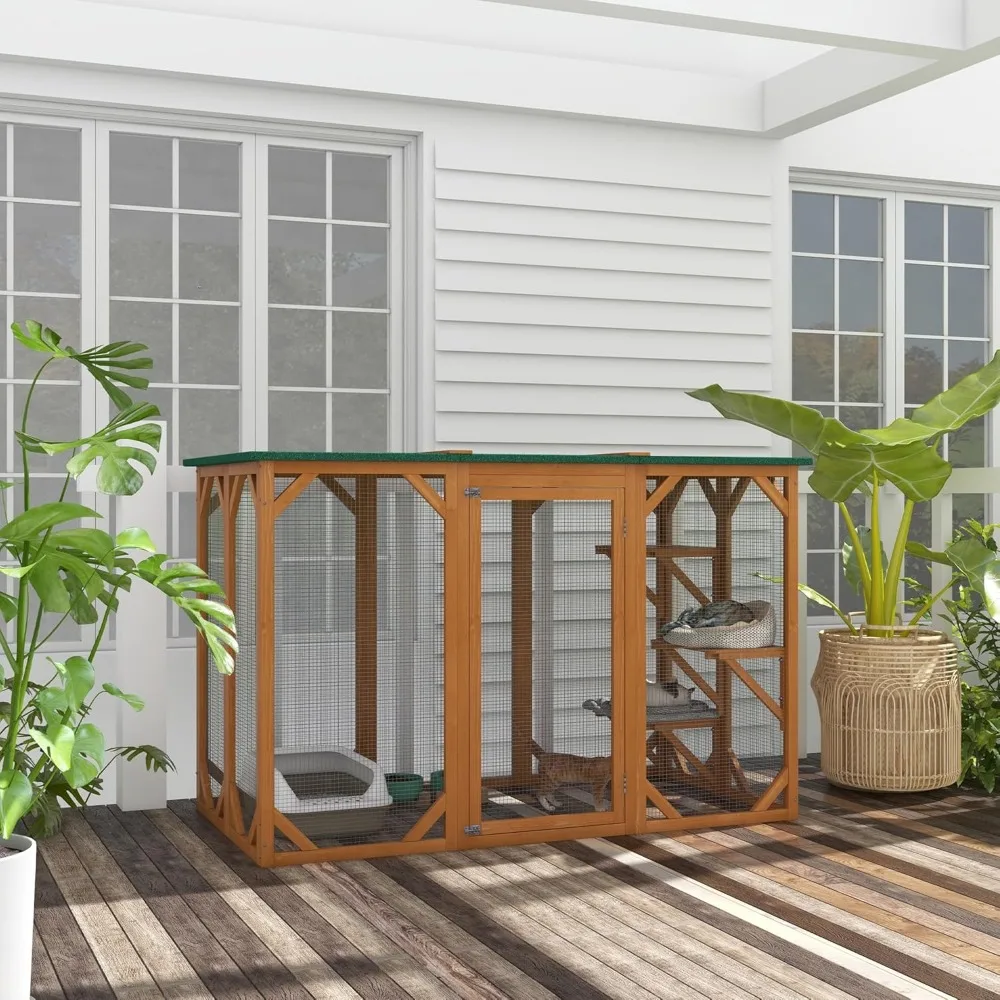 Kattenhuis Buiten, Catio Houten Schuilplaats Voor Wilde Katten, Kattenkooi Met Platforms, Grote Instapdeur, Asfaltdak