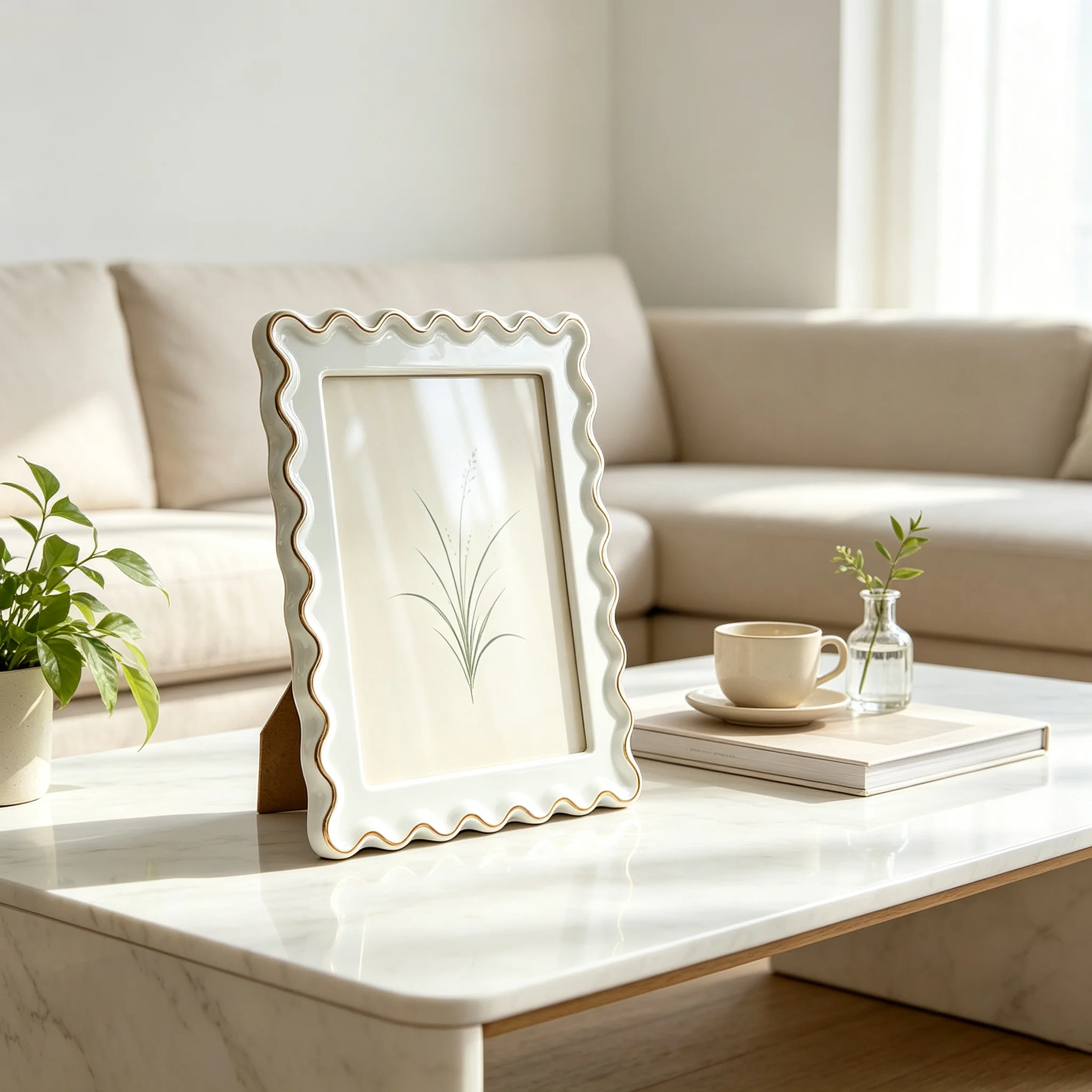 White Wavy Border Photo Frame, Unique Curved Wave Edge Picture Frame, Desktop Stand Frame for Home Table Decoration