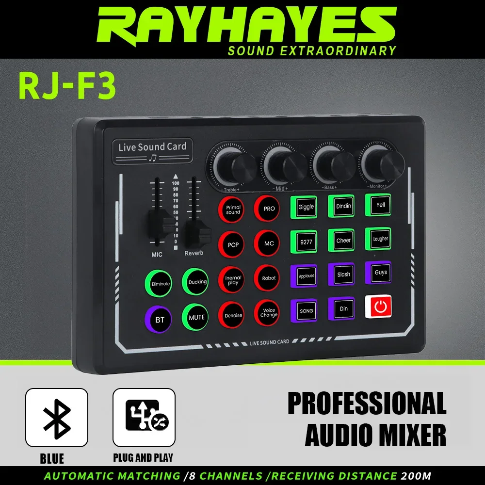 

RAYHAYES RJ-F3 Professional Digital Audio Mixer Live Streaming Sound Card Supports Real-Time Dual-Device Use
