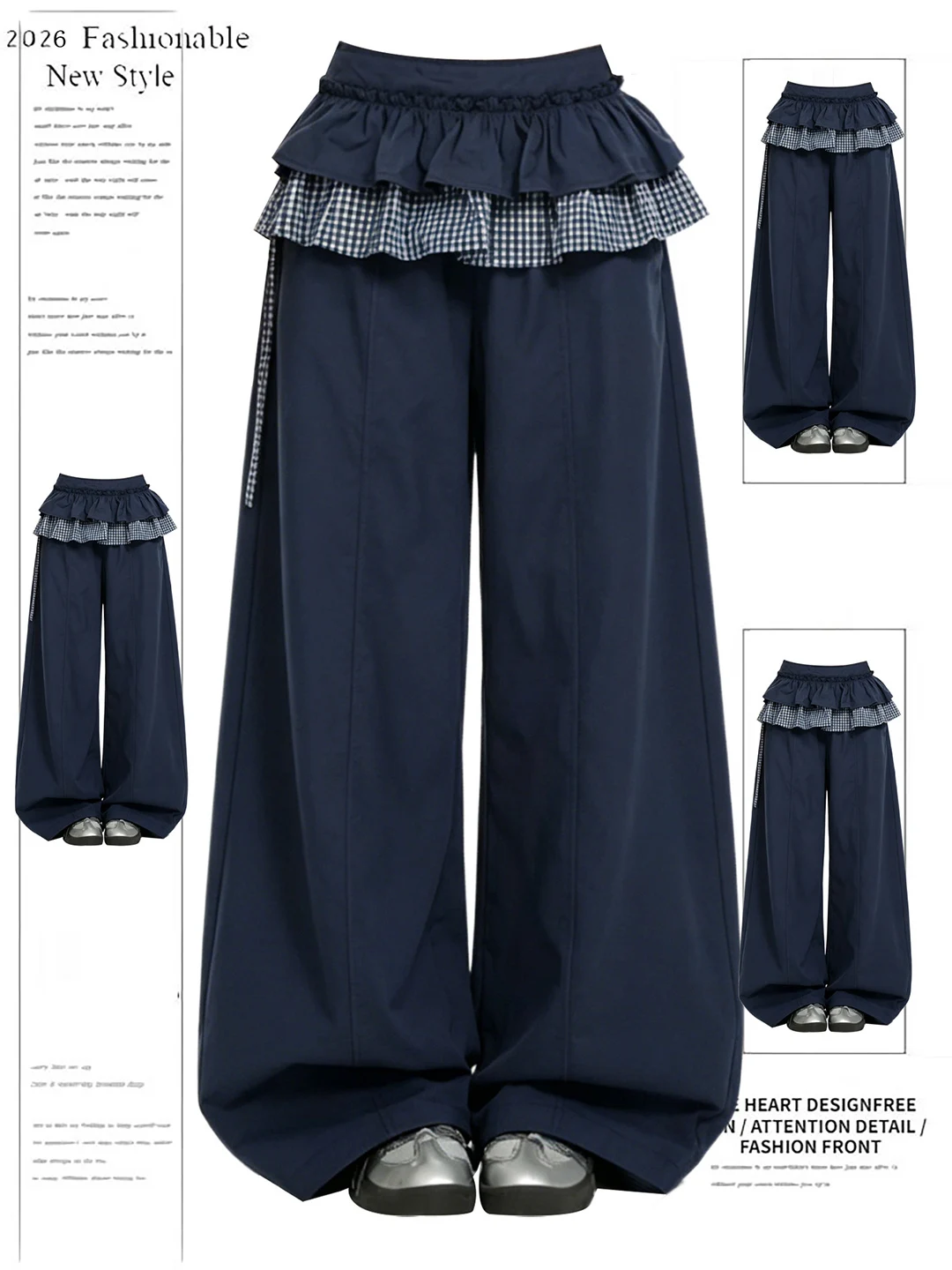 

Loose Wide Leg Plaid Casual Pants Women's Blue Patchwork Summer High Waist Trousers Korean Style Lazy Feel Straight Cut Pants