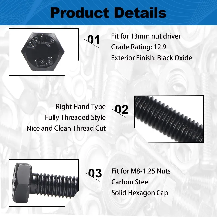 20 Pz M8 Bulloni Esagonali M8x20mm Acciaio Al Carbonio Grado 12.9 Ossido Nero Passo 1.25mm Completamente Filettato Hex Tap Bulloni Vite Esagonale macchina