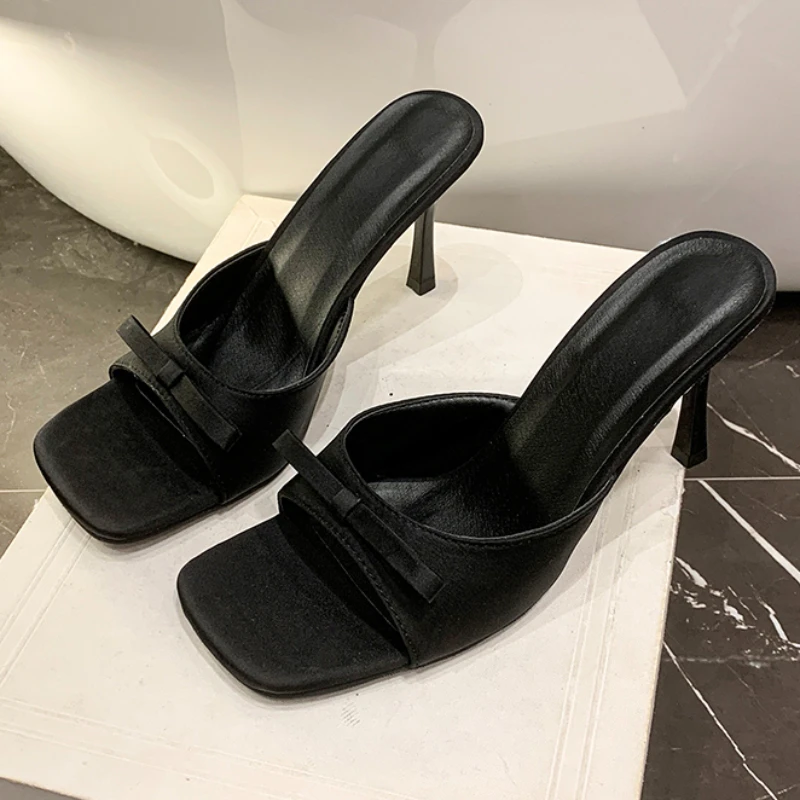 

Women Bow Slippers Square Toe High Heels Shoes Fashion Shallow Pumps 2025 Summer Dress Sandals Designer Slides Mujer Zapatillas