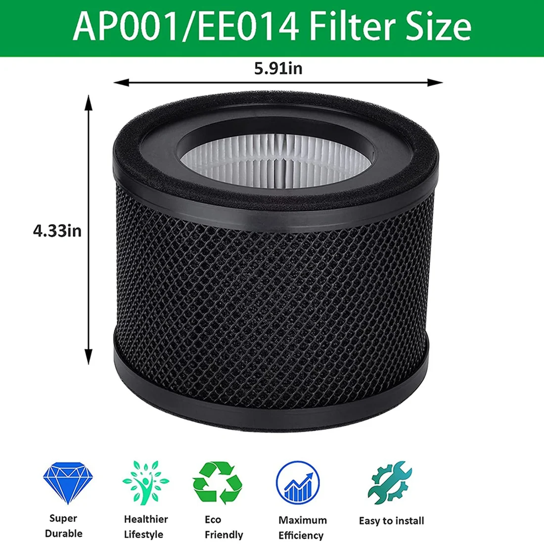 2Pack Replacement 3-In-1 HEPA Air Filters Compatible for TaoTronics TT-AP001 / VAVA VA-EE014 Air Purifiers