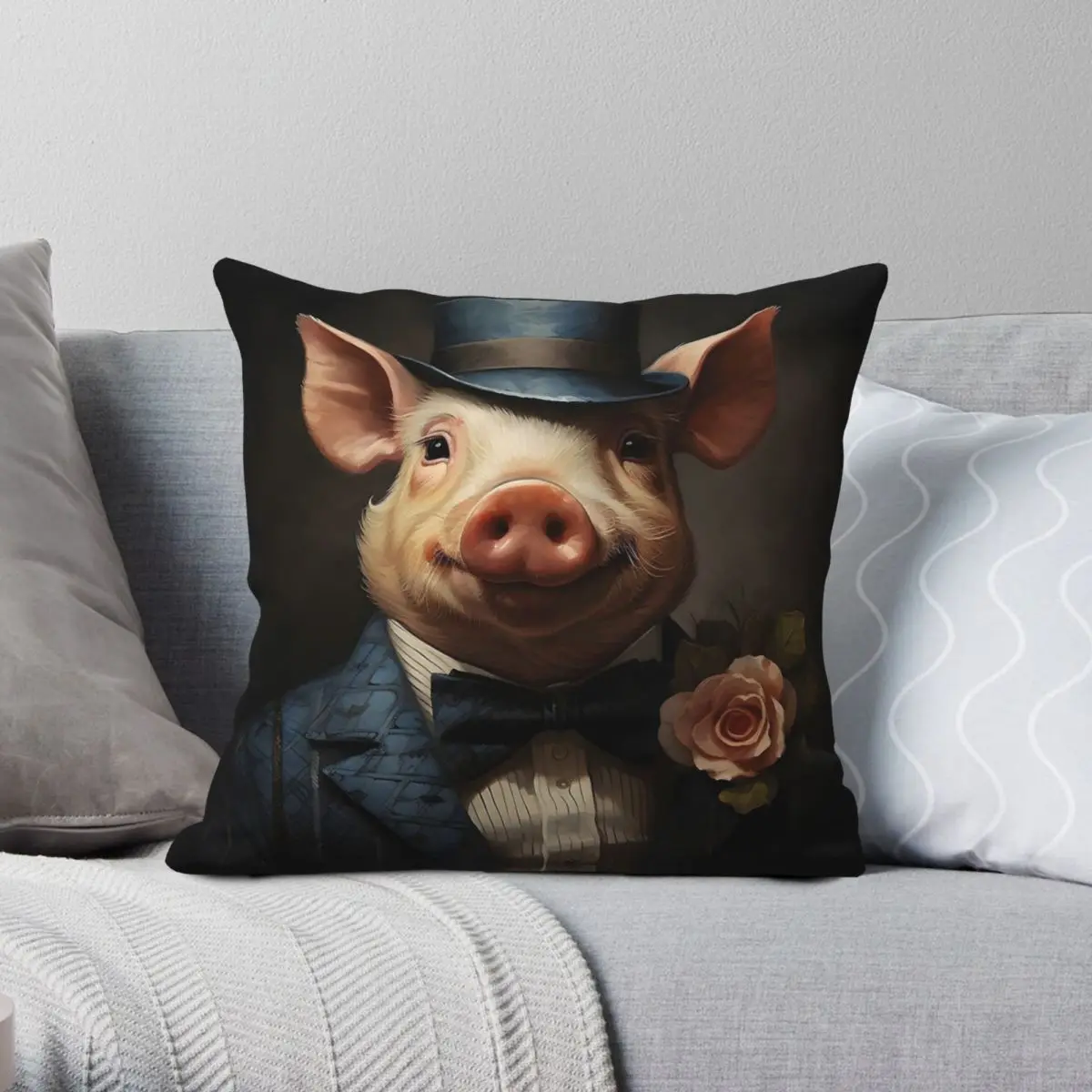 Pig Portrait Dapper Animal Square Pillowcase Polyester Linen Velvet Printed Zip Decor Home Cushion Cover 45x45