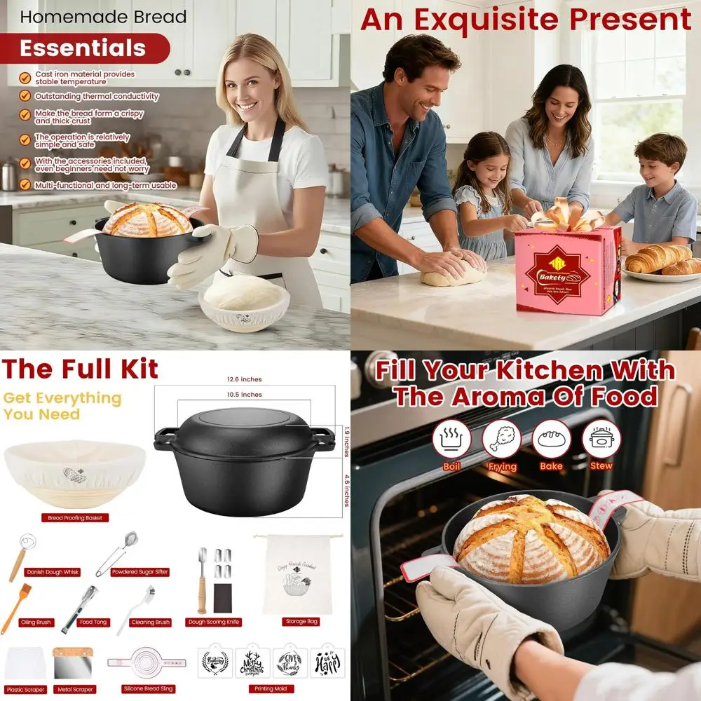 

5-Quart Cast Iron Dutch Oven with Skillet Lid for Sourdough Bread, Baking Kit, and Proofing Basket