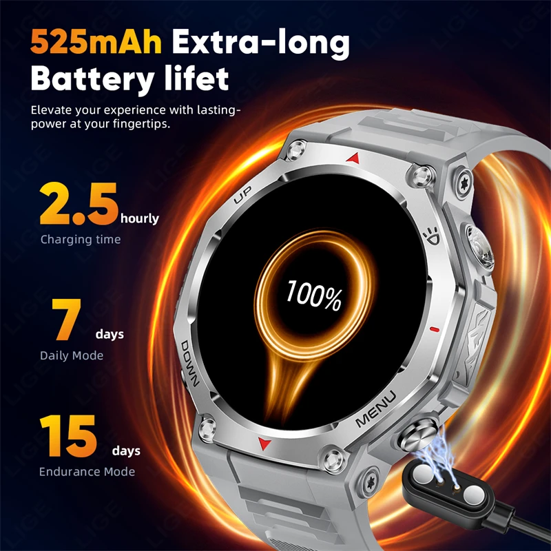 LIGE New Military Grade Men Smart Watch T-rex 3 5ATM Waterproof Sport Fitness Tracker Bluetooth Call Smart Watches Sleep Monitor