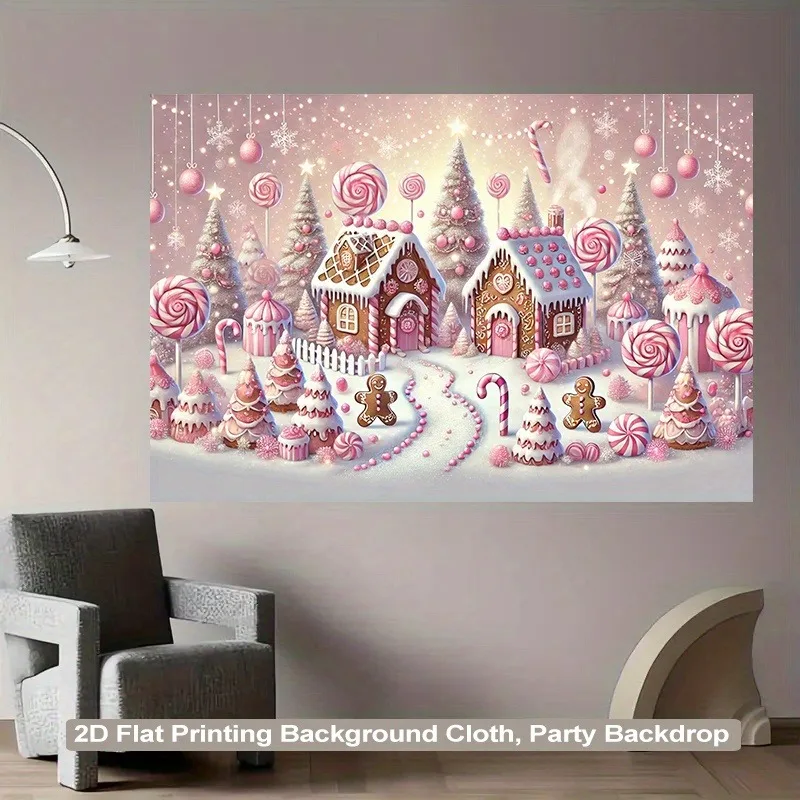 2D Flat, Pastel Pink & White Gingerbread House Christmas Tapestry Wall Hanging with Candy Canes & Lollipops - Flannel Wallpaper-