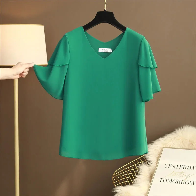 2024 Fashion Brand Tops Women\'s Summer Plus Size Flared Sleeves Loose Chiffon Shirts Short-sleeved V-neck Women\'s Plus Size Tops