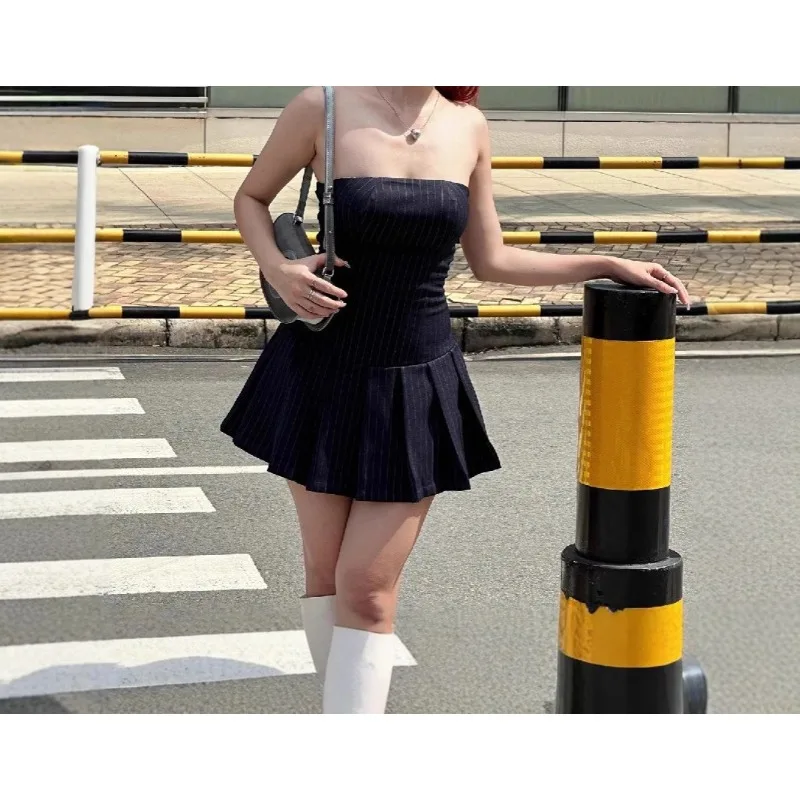 

One-word Collar Dress Women's 2026 Spring-summer Fashion Spice Girl Striped Dress