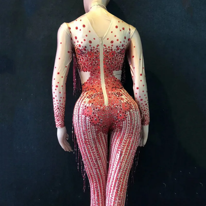 Tuta con frange rosse scintillanti con strass, discoteca, festa di compleanno, costume da ballo, ballerino da donna, cantante, performance sul palco