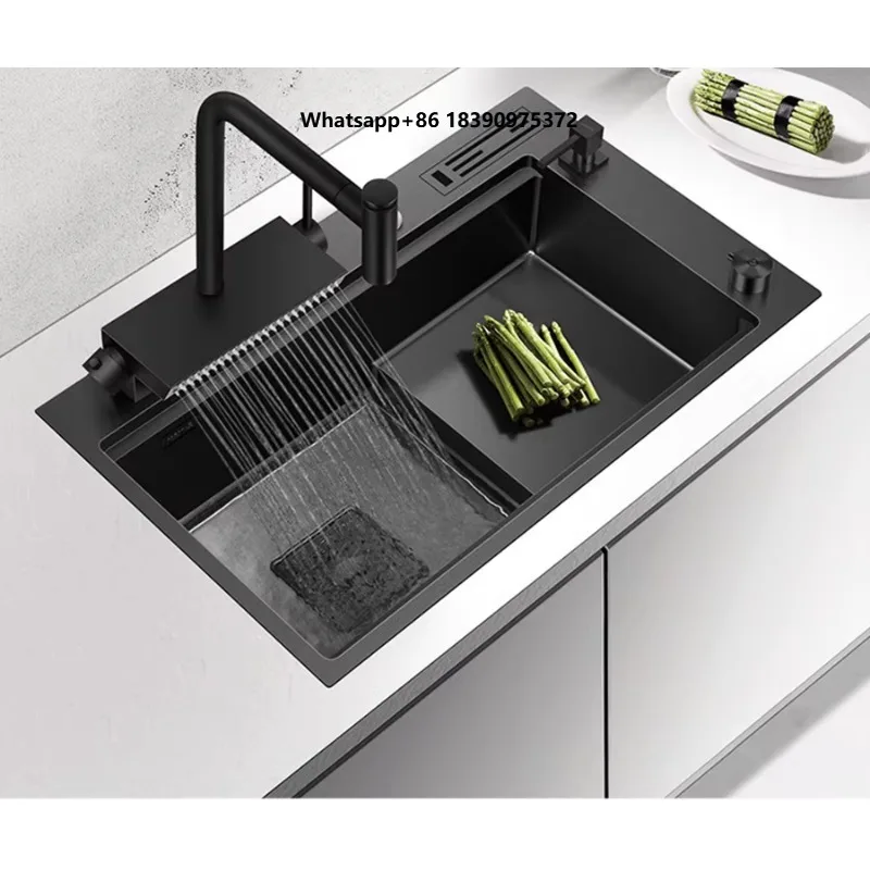 Nanometer Black Stepped High-low Kitchen Sink SUS 304 Stainless Steel Handmade Above Mount with Waterfall Faucet Draining Board