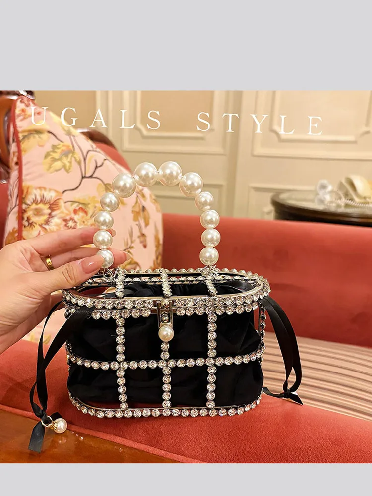 

UGALS Retro Birdcage Pearl Rhinestone Fashionable Shoulder Crossbody Bag Evening Handheld Small Purse British Style Hard