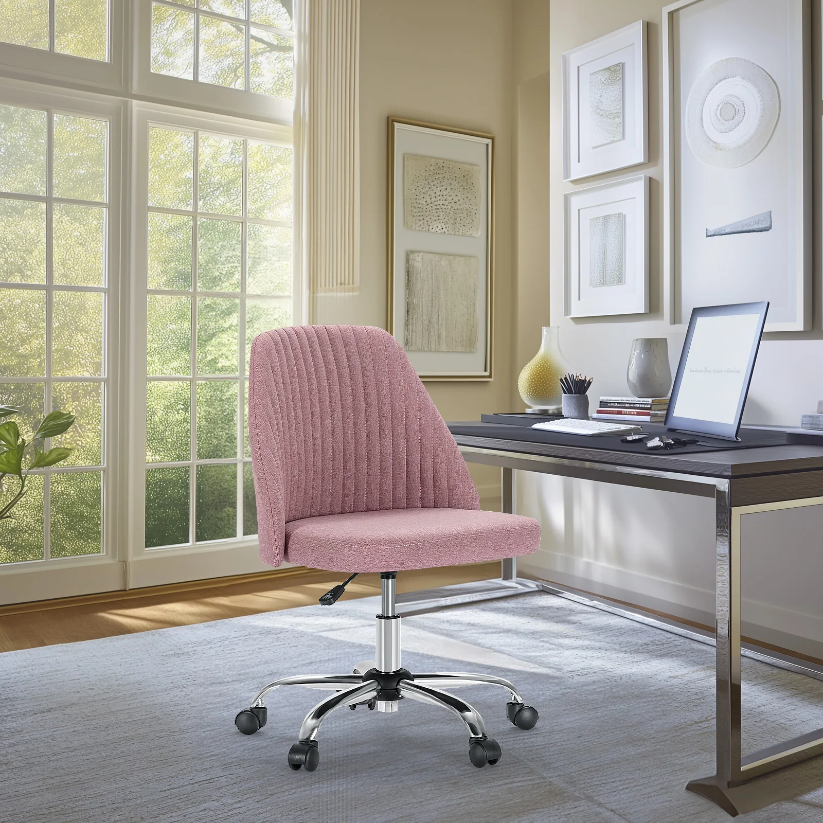 MCQ Armless Ergonomic Fabric Office Chair with 360° Swivel Rolling Adjustable Height Gaming Racing Chair For Home Office