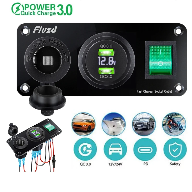 

12V Car USB Panel Socket Dual USB Charger with Rocker Switch Car Cigarette Lighter Digital Voltmeter for Car Boat Truck RV