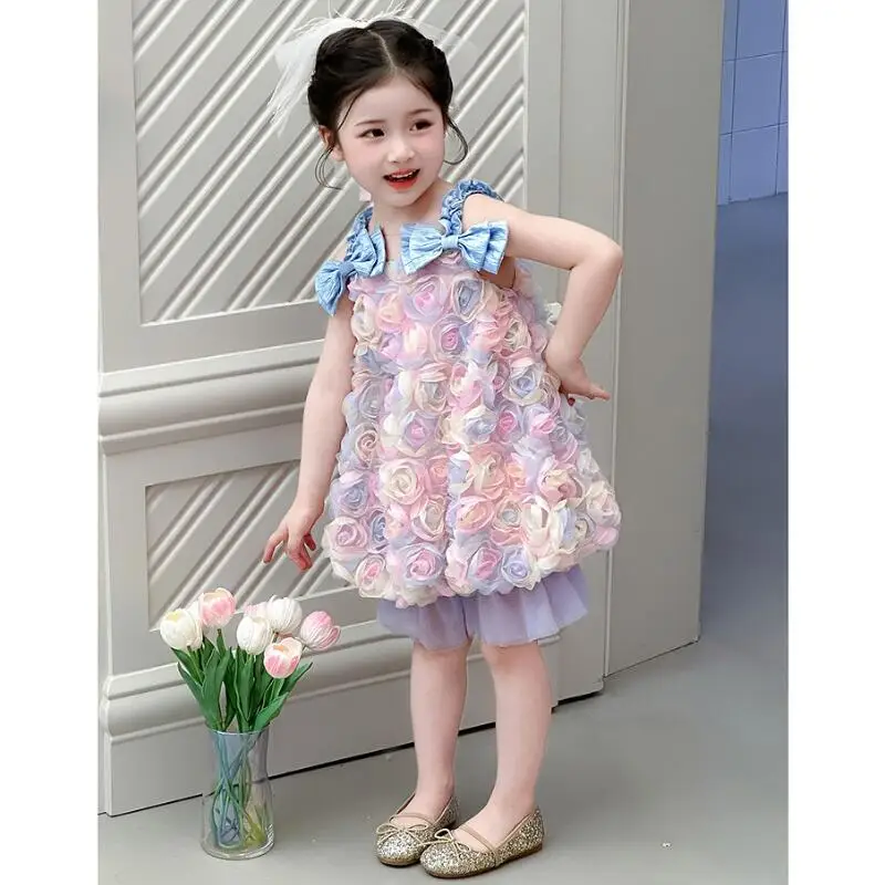 

Summer Girls Three-Dimensional Flower Sleeveless Dress New Sweet Vest Puff Skirt Fashion Princess Short-Sleeved Mesh Skirt Dress