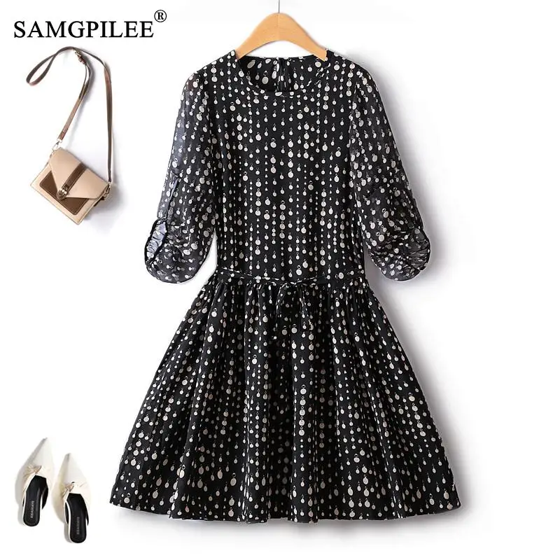 

Dresses For Women 2023 New Romantic Sweet Style Autumn Dot Waist Slim O Neck Three Quarter Sleeve Drape Chiffon Female Dress 4XL