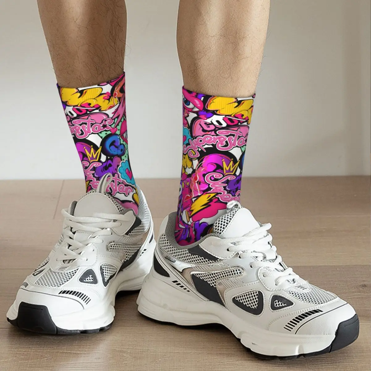 Crazy Sock for Men Graffiti Text Comics Sign Elements Hip Hop Graffiti Art Pattern Printed Crew Sock Casual Gift