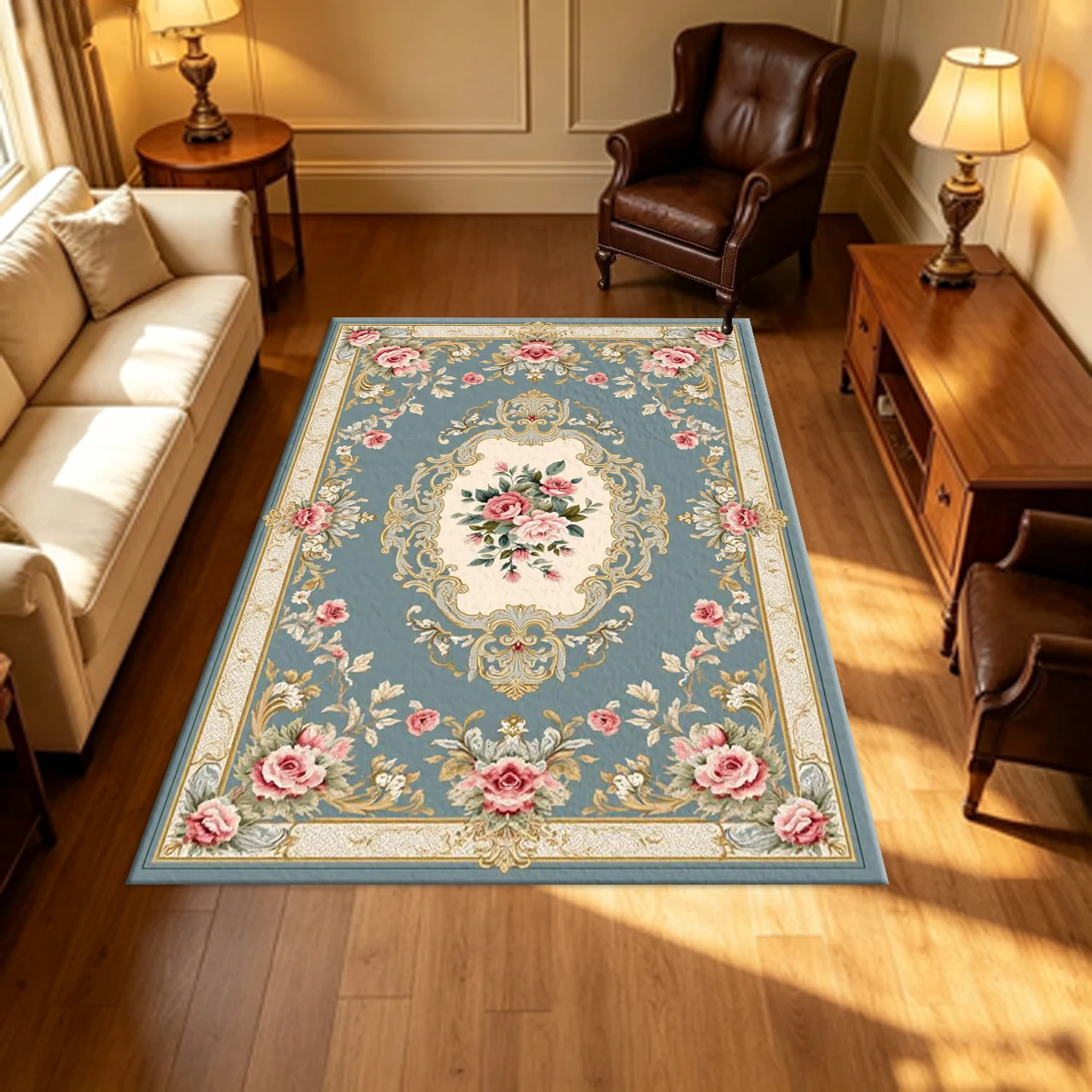 Vintage European Blue‑Green Rose Carpet Flooring Luxurious Baroque Floral Border Household Living Room Large Area Rug Indoor Floor Mat