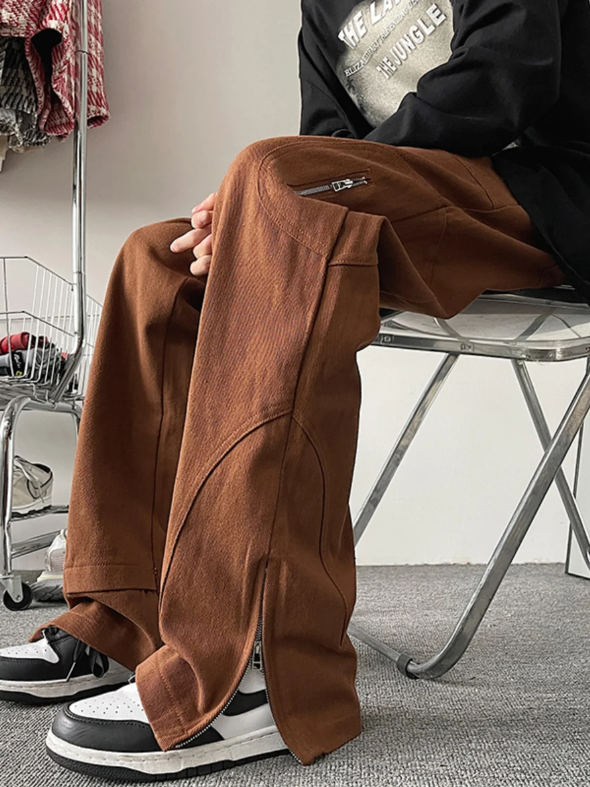 

Waed Denim Zipper Slit Men's Straight Leg Jeans American Retro Vibe Clean Fit High Street Sle Youthful Energy Loose Fit