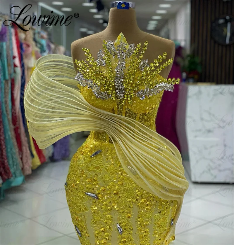 Shiny Fabric Glitter Crystals Prom Dress Yellow Mermaid Arabic Evening Gowns 2024 Robes Off The Shoulder Wedding Party Dresses