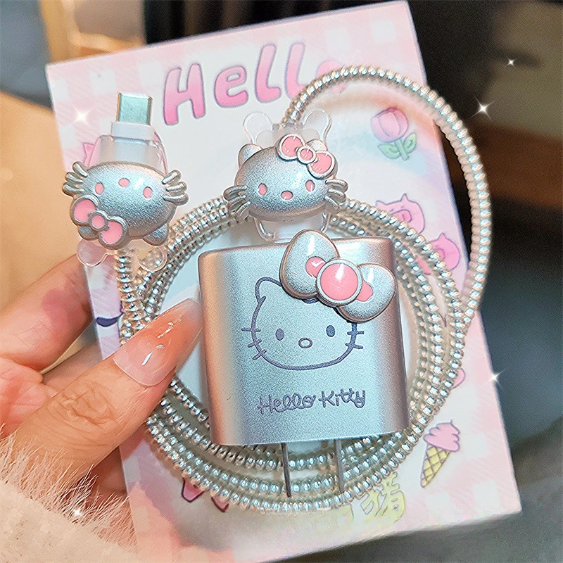 Cute Hello Kitty Charger Protective Cover Suitable for iPhone Models 12 13 14 15 Supports 18W 20W Fast Charging Cable Winder Set