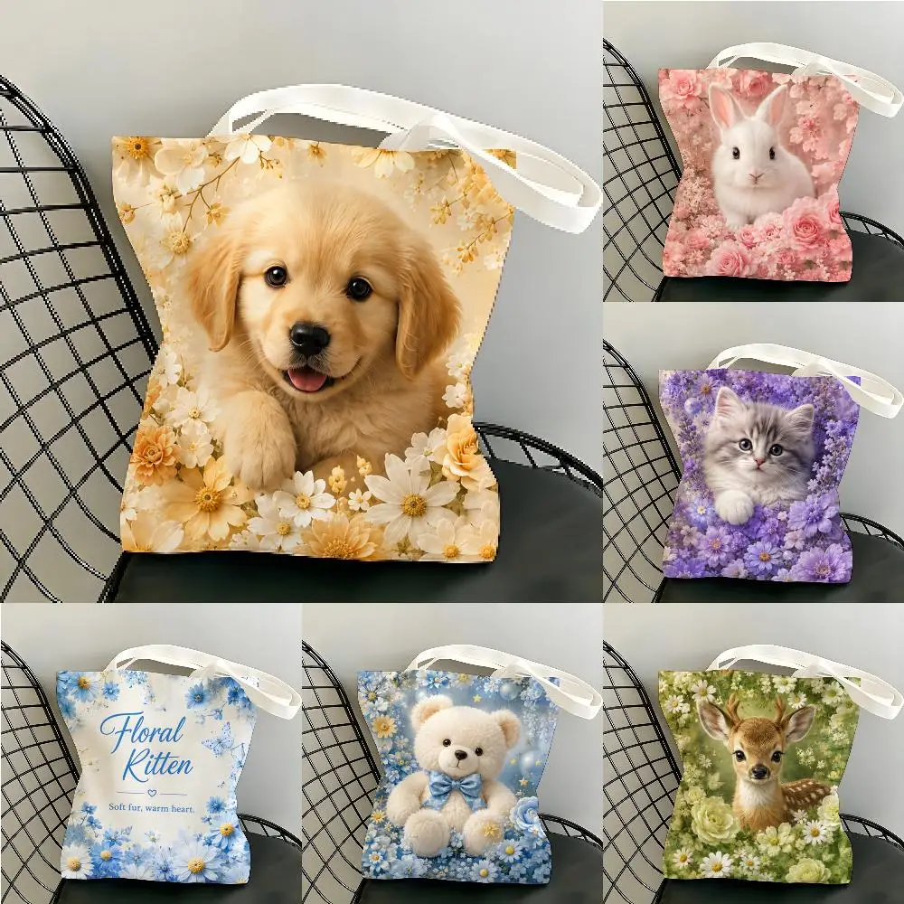 Pastel Floral Cute Little Animal Portraits Storage Bags Canvas Tote Bag Women Capacity Reusable Eco Shopping Shoulder Handbag