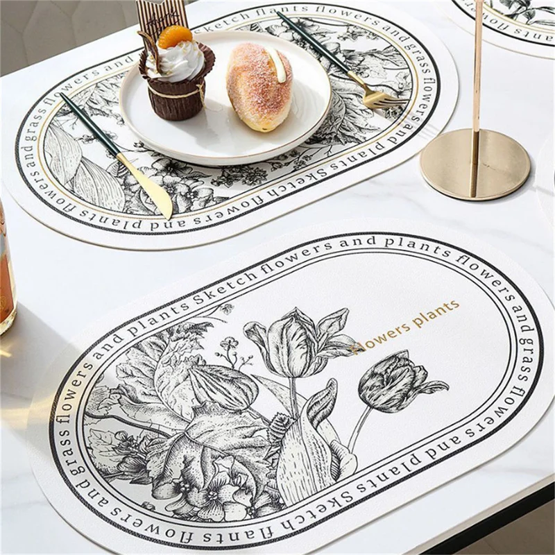 Floral Elliptical PU Leather Placemats Sketch Flowers Pattern Waterproof Heat-Resistant Non-Slip Wipeable Dining Table Mats