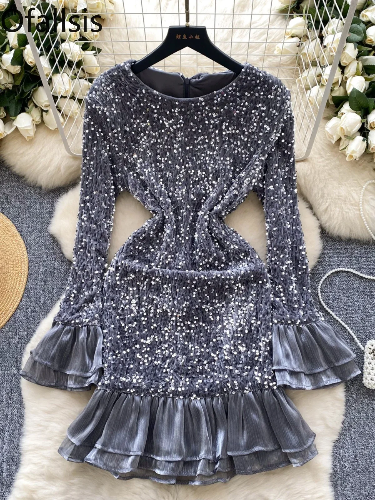 Ofallsis French Socialite Elegant Sequined Velvet Ruffle Edge Dress 2024 Women's Waist Cinched Slim Temperament Imperial Dress