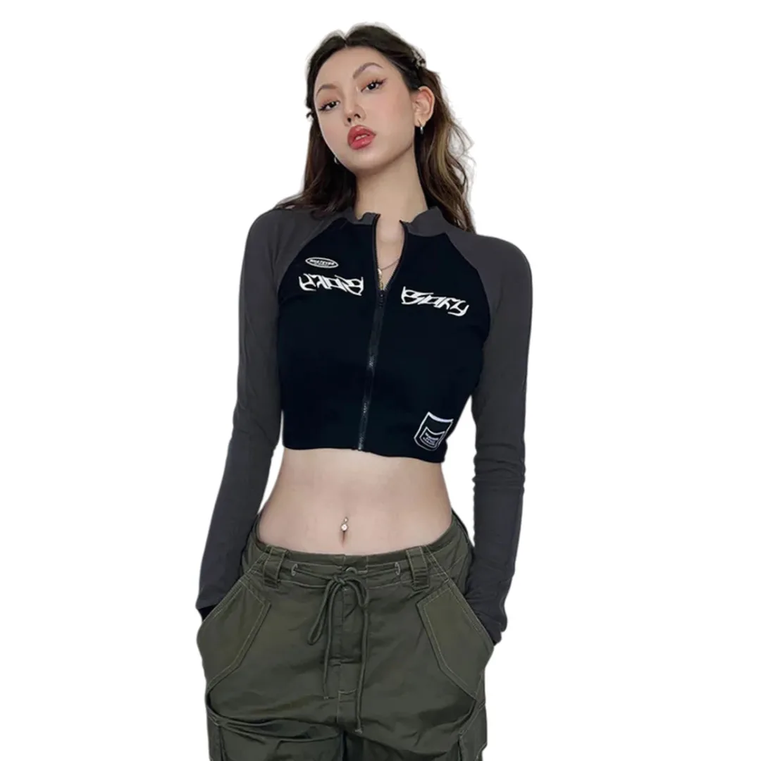 Felpa corta da donna 2025 Autunno Inverno Top da ballo nero Street Vibe Jazz Kpop Giacca Slim Fit Camicia corta a strati di nicchia