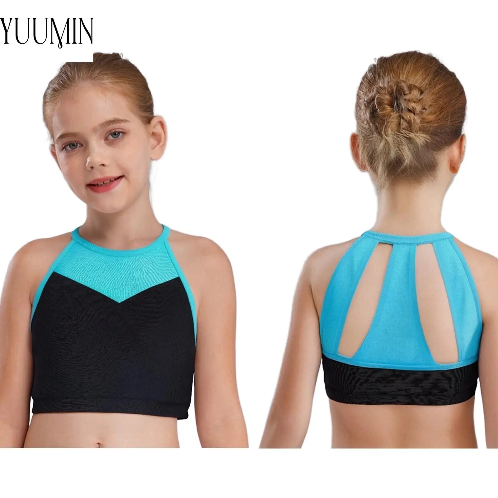 

Kids Sportswear Girls Color Block Sheer Mesh Patchwork Cutout Back Crop Top Vest Waistcoat for Sports Workout Running Exercise