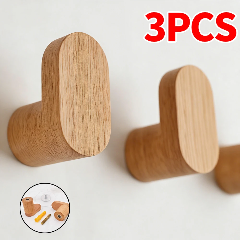 Wall Mounted Clothes Storage Hanger Hook Simple Beech Wood Hooks Key Holder Hat Scarf Coat Rack Key Holder Adhesive Screw Hook