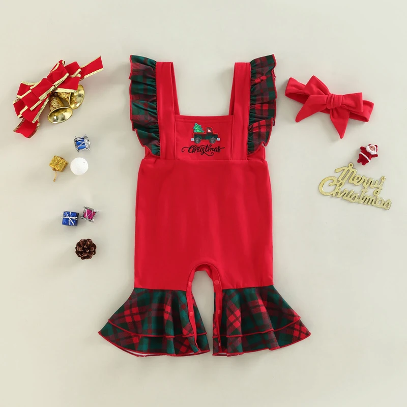 

Christmas Toddler Romper Set Red Plaid Square Neck Jumpsuit with Bell-Bottomed Pants and Matching Headband 3-24 Months Baby