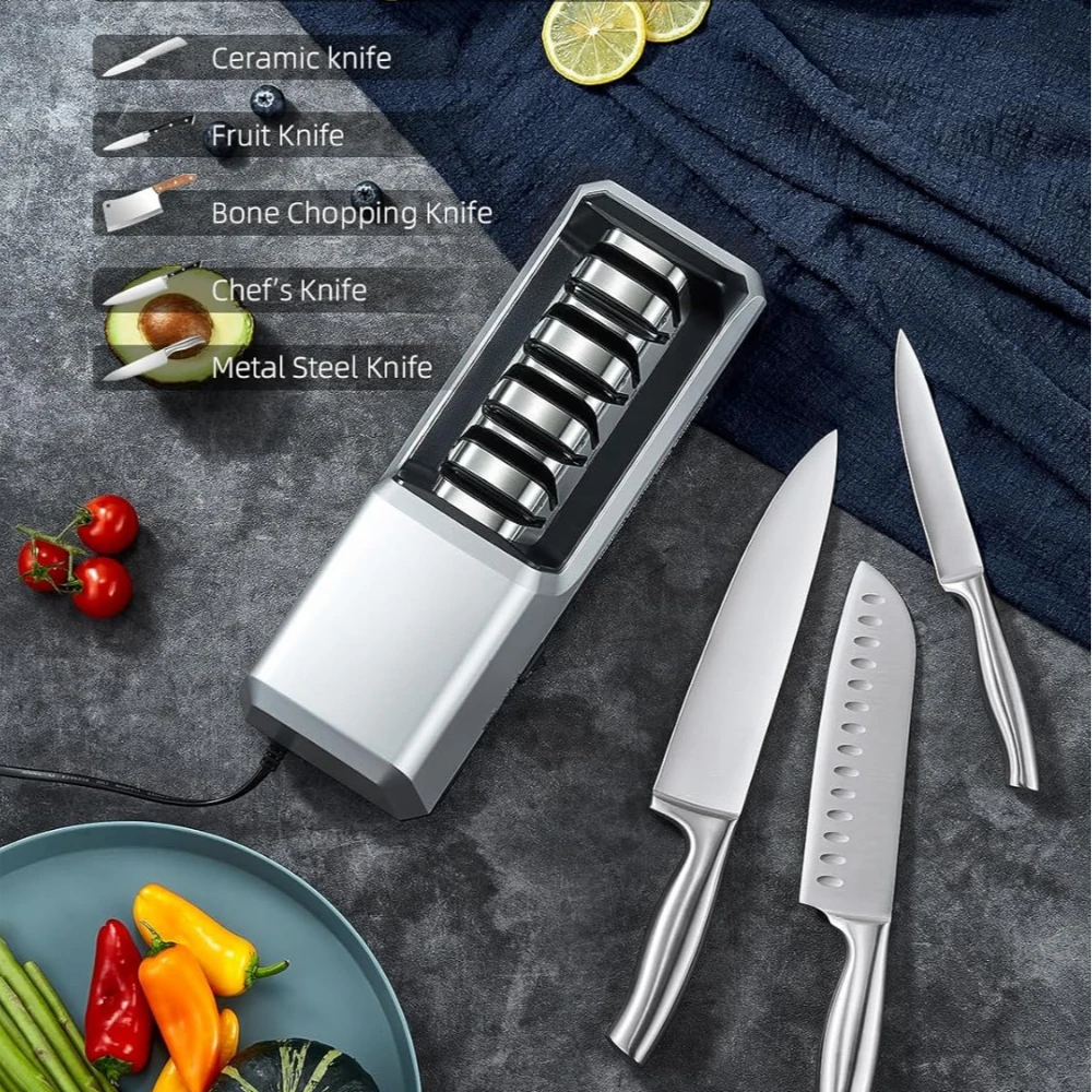 Electric Knife Sharpener with 4-Stage (Repair, Coarse, Medium, Fine & Polish), Non-Slip Base & Metal Shavings Collector