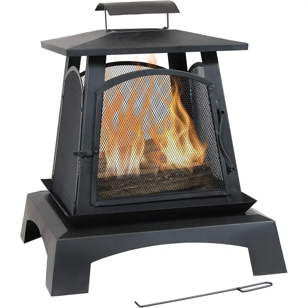 32-Inch Steel Pagoda Fire Pit with Log Grate and Poker, Black High-Temp Paint Finish